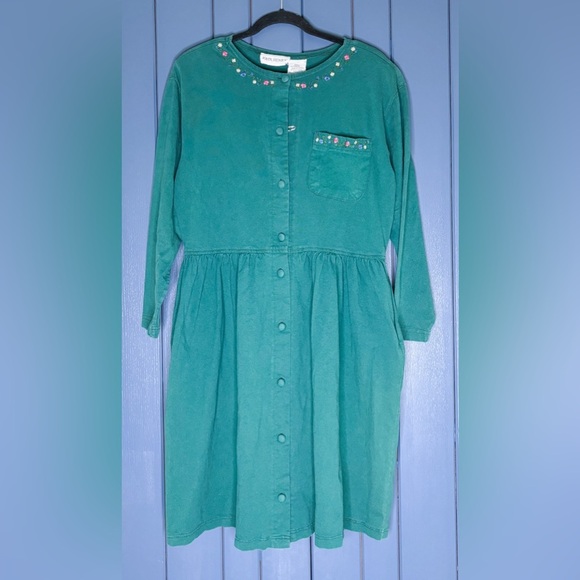 Vintage Forest Green Floral Trim Dress Medium Large Prairie  Cottage Core AS IS - Picture 1 of 5